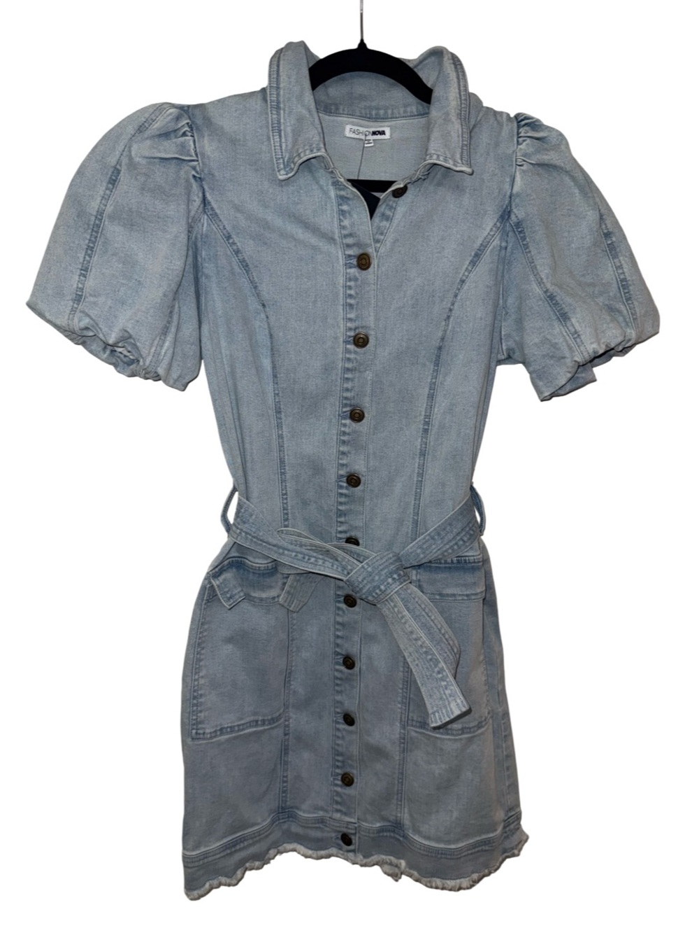 Light Wash Denim Button-Front Dress with Puff Sleeves- NWT large